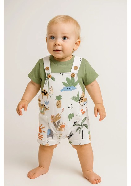 Erkek Bebek Hayvan Desenli Bahçıvan Tulum Takı