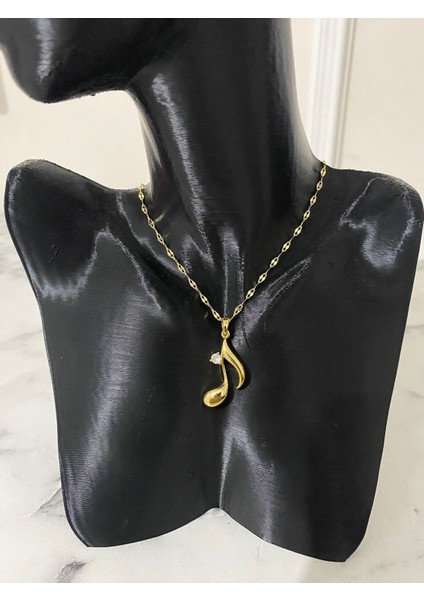 Çelik Gold Renk Zirkon Taşlı Nota Kolye