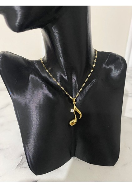 Çelik Gold Renk Zirkon Taşlı Nota Kolye