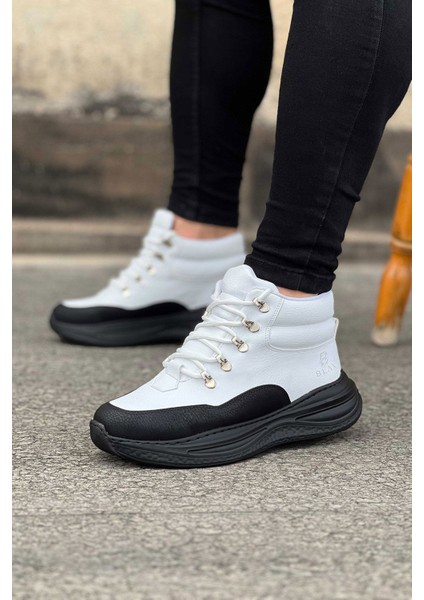 J035 Bağcıklı Ortopedik Taban Suya ve Soğuğa Dayanıklı Günlük Kışlık Cilt Erkek Bot St Beyaz/siyah
