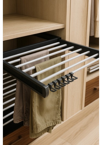 Dolap Içi Teleskopik Raylı Pantolon ve Şal Askılığı – 40X47 cm – Antrasit Renk – Üst Rafa Montajlı – 7 Askılı – 15 kg Taşıma Kapasitesi