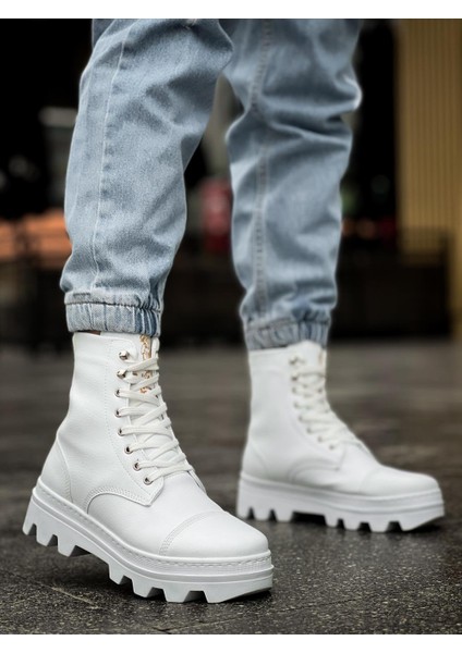 J-B023 Bağcıklı Ortopedik Taban Suya ve Soğuğa Dayanıklı Günlük Kışlık Erkek Spor Bot Bt Beyaz