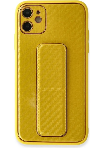 iPhone 12 Kılıf Coco Karbon Standlı Kapak - Sarı