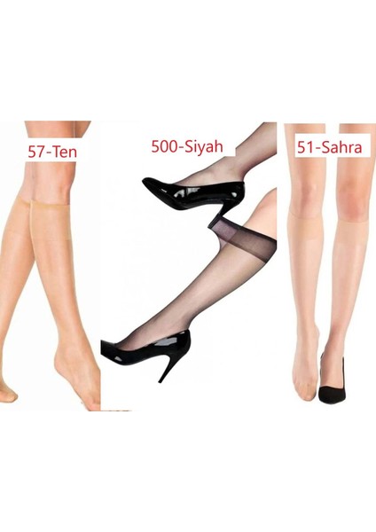 Fit Parlak Süper Ince (15 Den) Dizaltı Siyah-Ten-Açıkten Çorap 6 Çift