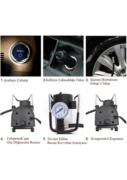 Araba Oto Araç Lastik Şişirme Pompası Metal Gövde Kompresör 150 Psi Çakmaklık Girişli modelleri