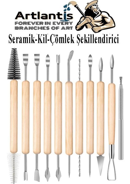 Seramik Kil Başlangıç Seti Ebeşuar Çift Taraflı Dip Alma Delik Delme Mavi Silikon Uçlu Fırça 39 Parça Modelaj Modelleme