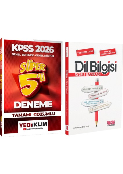 Yediiklim 2026 Kpss Gy Gk Tamamı Çözümlü Süper 5 Li Deneme ve Akm Dil Bilgisi Soru Bankası Seti 2 Kitap