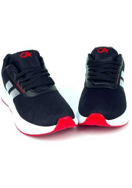 Erkek Siyah Kırmızı Bağcıklı Nefes Alan Esnek Hafif Günlük Sneaker Spor Ayakkabı