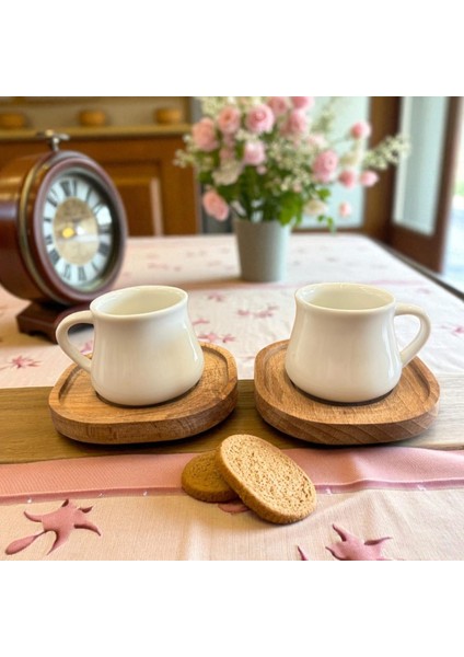 Porselen 2'li Beyaz Kahve Fincan Seti - Bambu Tabaklı