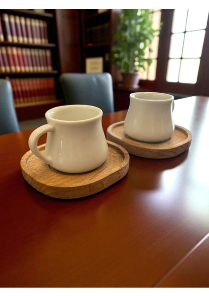Porselen 2'li Beyaz Kahve Fincan Seti - Bambu Tabaklı modelleri