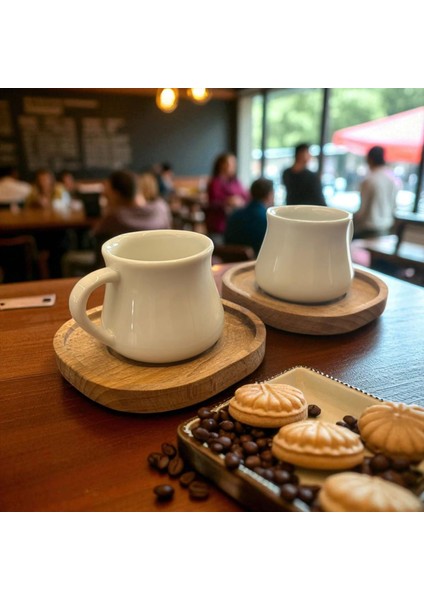 Porselen 2'li Beyaz Kahve Fincan Seti - Bambu Tabaklı fırsatları