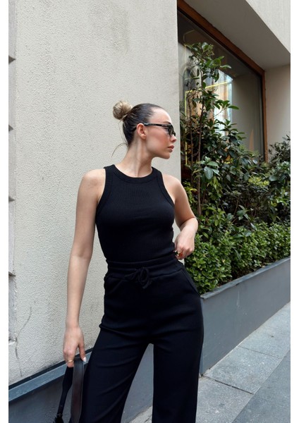Halter Yaka Atlet Bol Paça Pantolon Kadın Siyah Ikili Takım