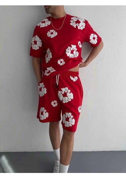 Iki Iplik Kumaş Baskılı T-Shirt Şortlu Takım- Kırmızı fırsatları