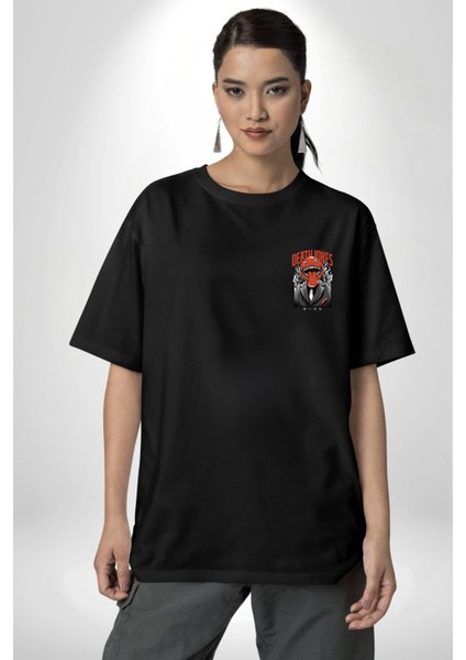 Karanlık Mizah Siyah Oversize Kadın Erkek Ön Minimal Baskılı Tişört