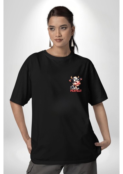 Eğlenceli Inek Desenli Siyah Oversize Kadın Erkek Ön Minimal Baskılı Tişört modelleri
