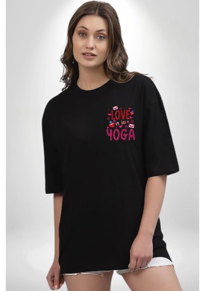 Yoga Seviyorum Yoga Tutkunları Siyah Oversize Kadın Erkek Ön Minimal Baskılı Tişört