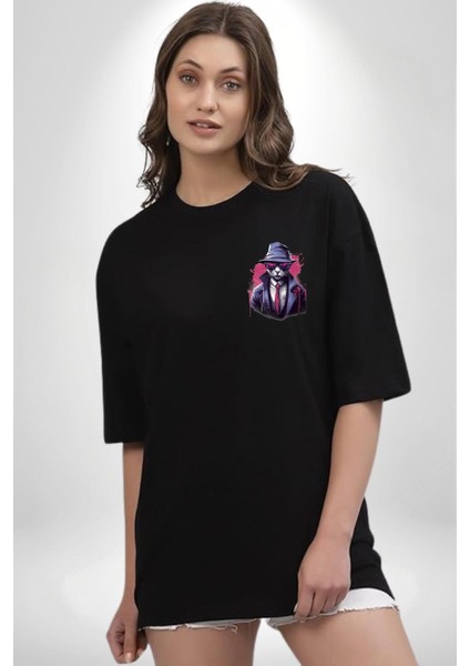 Cool Dedektif Kedi Siyah Oversize Kadın Erkek Ön Minimal Baskılı Tişört fiyatları