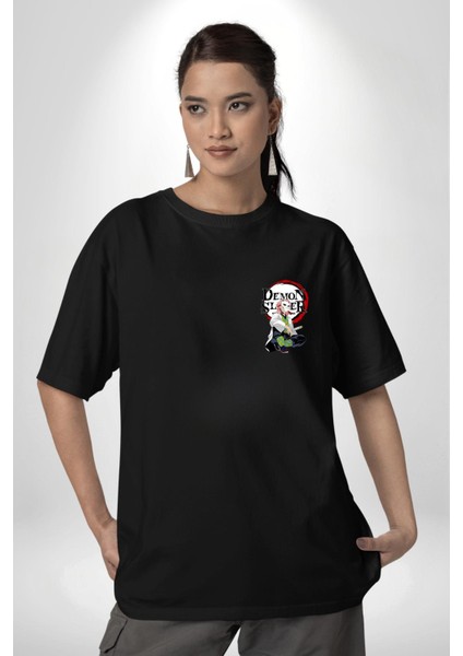 Demon Slayer Kanao Maskeli Siyah Oversize Kadın Erkek Ön Minimal Baskılı Tişört fırsatları