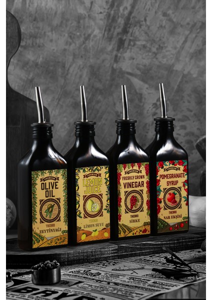 200ML Carmen Serisi Amber Renkli Parlak Metal Şişe Dökücülü Zeytinyağı,sirke,limon,nar Ekşisi Şişesi 4'lü Set fiyatları