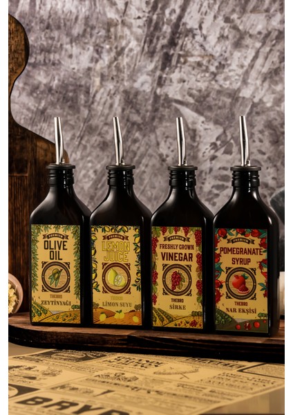 200ML Carmen Serisi Amber Renkli Parlak Metal Şişe Dökücülü Zeytinyağı,sirke,limon,nar Ekşisi Şişesi 4'lü Set fırsatları