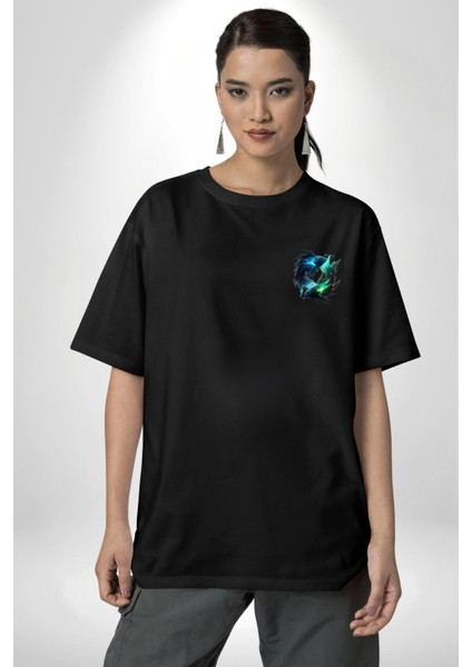 Balık Burçu Özel Tasarım Siyah Oversize Kadın Erkek Ön Minimal Baskılı Tişört modelleri