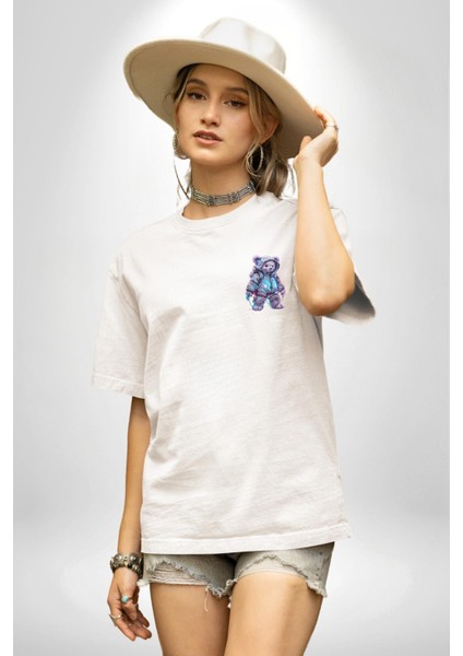 Digital Dreamer Teddy Bear Futuristic Beyaz Oversize Kadın Erkek Ön Minimal Baskılı Tişört modelleri
