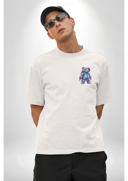Digital Dreamer Teddy Bear Futuristic Beyaz Oversize Kadın Erkek Ön Minimal Baskılı Tişört fırsatları