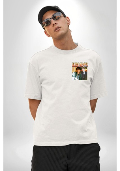 Kim Seok Jin Şarkıcı Kore Pop Beyaz Oversize Kadın Erkek Ön Minimal Baskılı Tişört modelleri