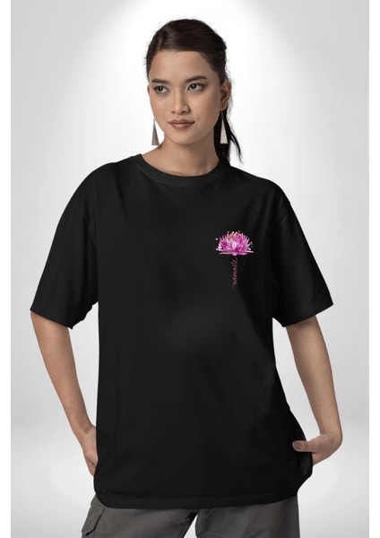 Mor Lotus Çiçeği ve Namaste Yazılı Yoga Siyah Oversize Kadın Erkek Ön Minimal Baskılı Tişört modelleri