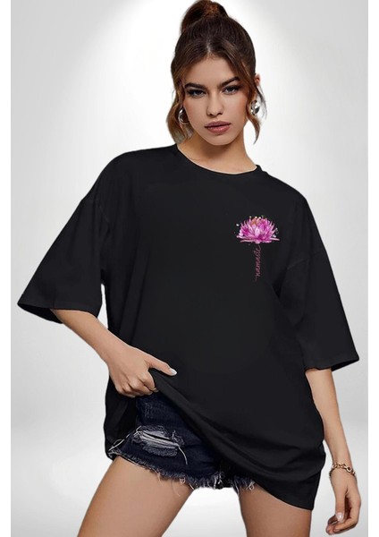 Mor Lotus Çiçeği ve Namaste Yazılı Yoga Siyah Oversize Kadın Erkek Ön Minimal Baskılı Tişört indirimleri