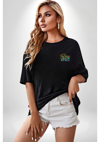 Born To Win Baskılı Motivasyonel Tasarım Siyah Oversize Kadın Erkek Ön Minimal Baskılı Tişört