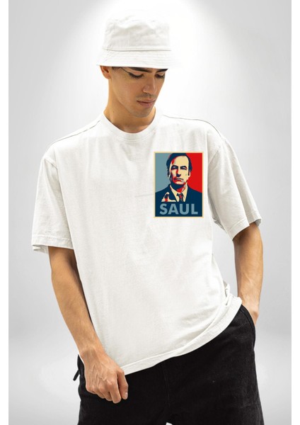 Better Call Saul Dizi Temalı Karakter Beyaz Oversize Kadın Erkek Ön Minimal Baskılı Tişört