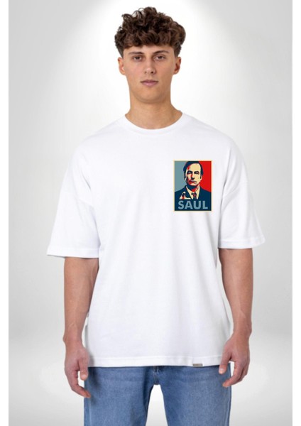 Better Call Saul Dizi Temalı Karakter Beyaz Oversize Kadın Erkek Ön Minimal Baskılı Tişört fiyatları