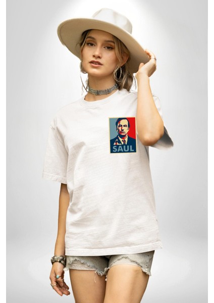 Better Call Saul Dizi Temalı Karakter Beyaz Oversize Kadın Erkek Ön Minimal Baskılı Tişört fırsatları