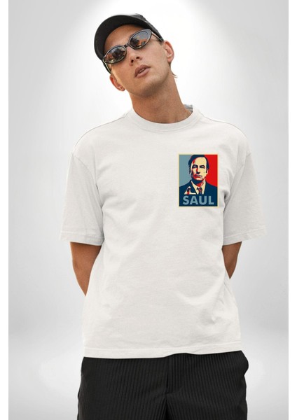 Better Call Saul Dizi Temalı Karakter Beyaz Oversize Kadın Erkek Ön Minimal Baskılı Tişört indirimleri