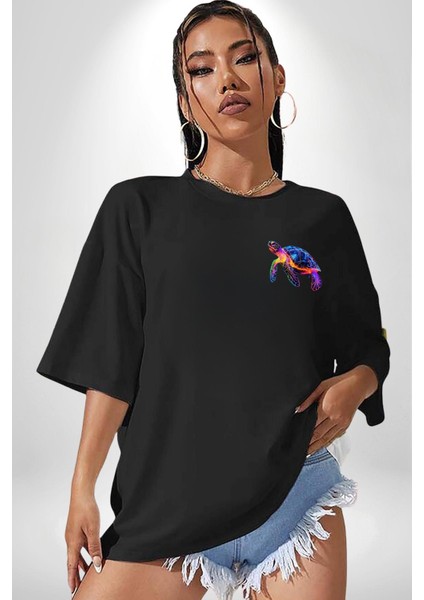 Neon Kaplumbağa Siyah Oversize Kadın Erkek Ön Minimal Baskılı Tişört fiyatları