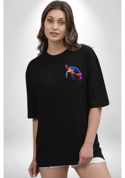 Neon Kaplumbağa Siyah Oversize Kadın Erkek Ön Minimal Baskılı Tişört modelleri