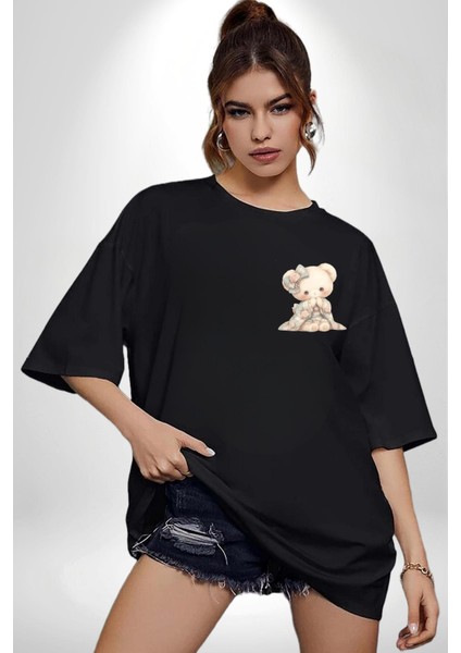 Pastel Tonlarda Nostaljik Sevimli Ayıcık Siyah Oversize Kadın Erkek Ön Minimal Baskılı Tişört