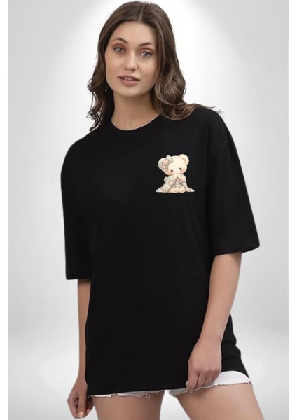Pastel Tonlarda Nostaljik Sevimli Ayıcık Siyah Oversize Kadın Erkek Ön Minimal Baskılı Tişört fırsatları