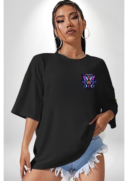 Hip Hop Dövme Kelebek Kız Özel Tasarım Siyah Oversize Kadın Erkek Ön Minimal Baskılı Tişört modelleri