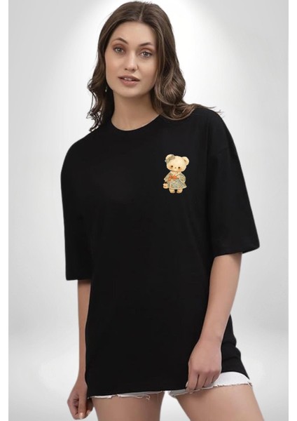 Çiçek Desenli Elbiseli Ayıcık Siyah Oversize Kadın Erkek Ön Minimal Baskılı Tişört