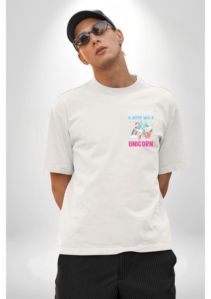 Her Şey Unicorn'la Daha Güzel Yazılı Beyaz Oversize Kadın Erkek Ön Minimal Baskılı Tişört fiyatları