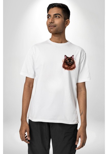 Ragdoll Kedi Siyam Kedisinin Uzun Tüylü Versiyon Beyaz Oversize Kadın Erkek Ön Minimal Baskılı Tişört modelleri