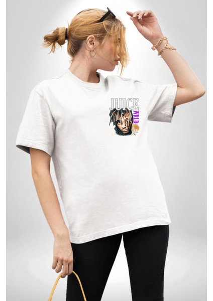 Juice Wrld Rapçi Müzik ve Moda Beyaz Oversize Kadın Erkek Ön Minimal Baskılı Tişört fiyatları