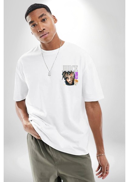 Juice Wrld Rapçi Müzik ve Moda Beyaz Oversize Kadın Erkek Ön Minimal Baskılı Tişört modelleri