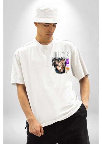 Juice Wrld Rapçi Müzik ve Moda Beyaz Oversize Kadın Erkek Ön Minimal Baskılı Tişört fırsatları