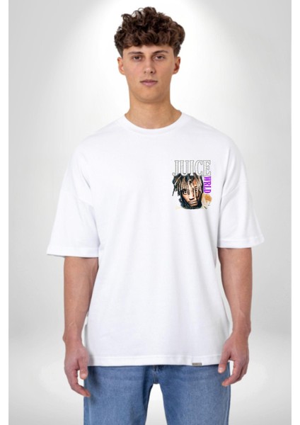 Juice Wrld Rapçi Müzik ve Moda Beyaz Oversize Kadın Erkek Ön Minimal Baskılı Tişört indirimleri