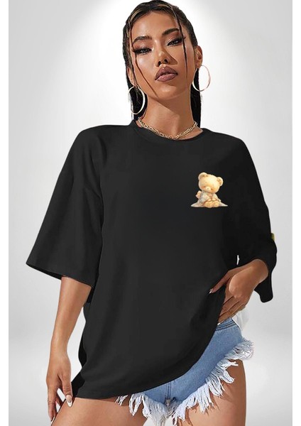 Çiçek Desenli Pastel Ton Ayıcık ve Çiçek Siyah Oversize Kadın Erkek Ön Minimal Baskılı Tişört