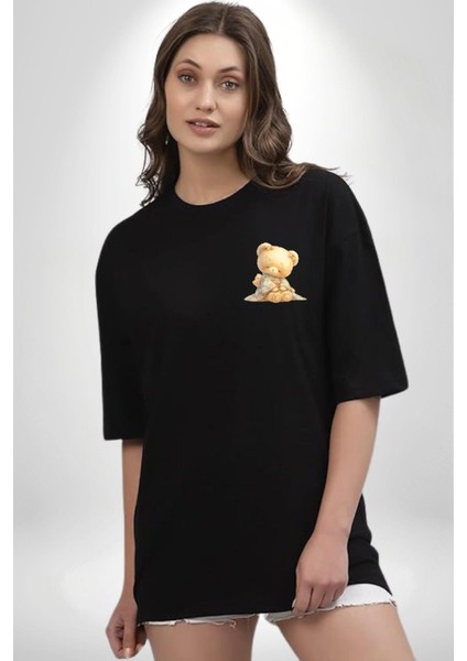 Çiçek Desenli Pastel Ton Ayıcık ve Çiçek Siyah Oversize Kadın Erkek Ön Minimal Baskılı Tişört