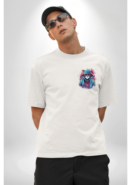 Cool Grafiti Sanatı Kedi Temalı Beyaz Oversize Kadın Erkek Ön Minimal Baskılı Tişört fiyatları